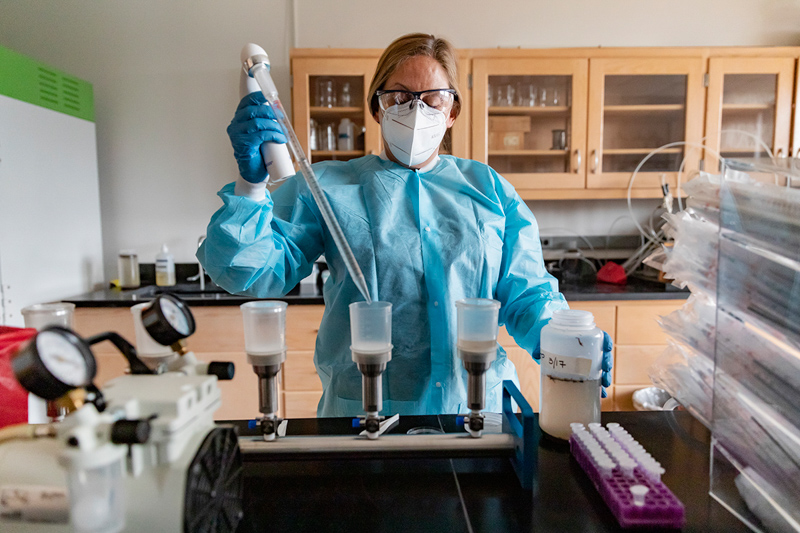 Dr. Rachel Noble tests waste water samples for the SARS-CoV-@ virus in wastewater samples from across North Carolina.