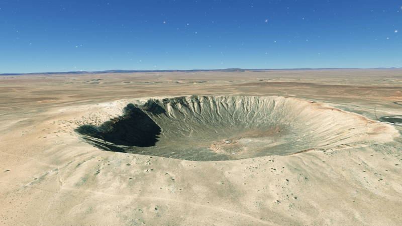 View of Barringer Crater, a well-preserved impact crater from 50,000 years ago in what is now Northern Arizona. Image created with OpenSpace software. Image: R. Smith/NCMNS.