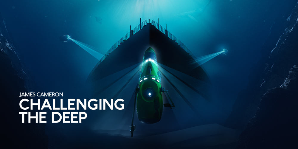 James Cameron — Challenging the Deep: a submarine descends in the deep ocean.