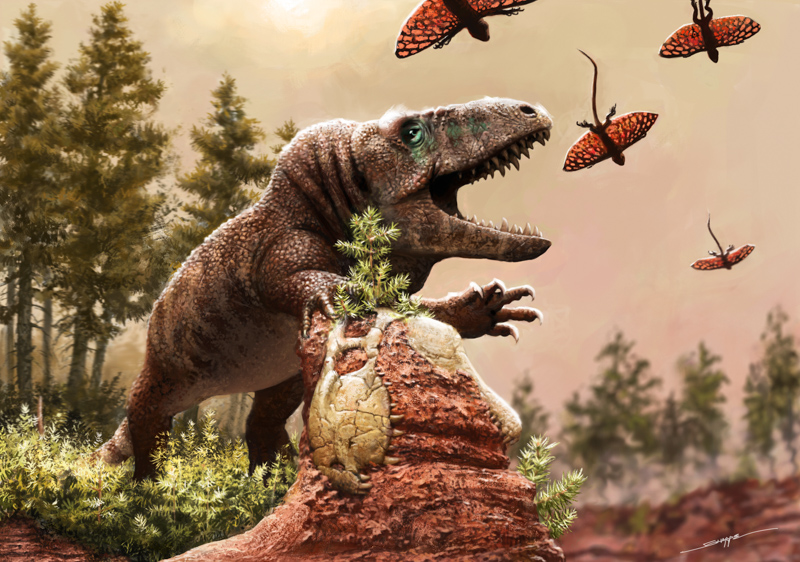 Artistic reconstruction of the reptile adaptive radiation in a terrestrial ecosystem during the warmest period in Earth’s history. Image depicts a massive, big-headed, carnivorous erythrosuchid (close relative to crocodiles and dinosaurs) and a tiny gliding reptile at about 240 million years ago. The erythrosuchid is chasing the gliding reptile and it is propelling itself using a fossilized skull of the extinct Dimetrodon (early mammalian ancestor) in a hot and dry river valley. Image: Henry Sharpe.