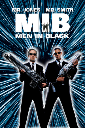 Will Smith and Tommy Lee Jones posing with guns with a "lightspeed" effect in the background. Text: "Mr. Jones, Mr. Smith, MIB, Men in Black."