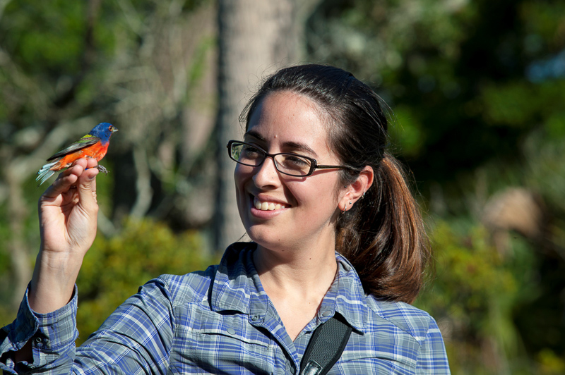 Liani Yirka holding a painted bunting.