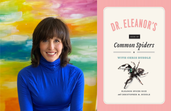 Portrait of Eleanor Spicer Rice in a blue turtleneck against a rainbow watercolor backdrop alongside an image of the book cover for Dr. Eleanor's Book of Common Spiders
