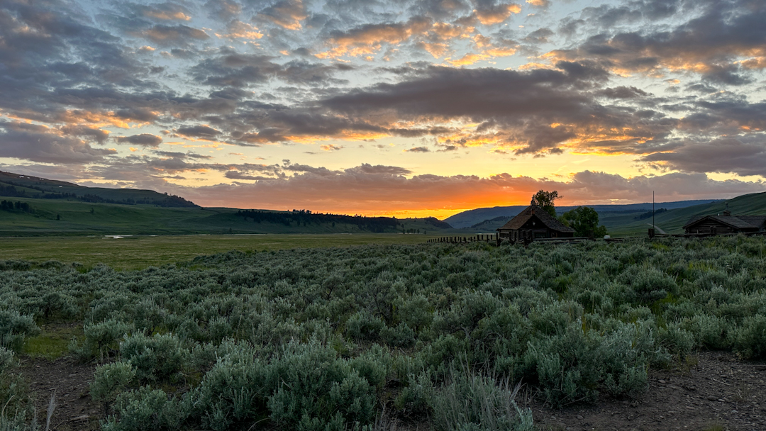 Sagebrush, meadows and hills at sunset in Lamar Valley.