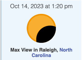 Graphic with a partially shaded sun depicting the max view of the eclipse in Raleigh