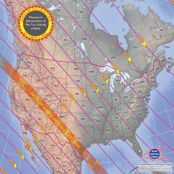 Map of North America depicting the percentage of solar eclipse coverage across the continent.