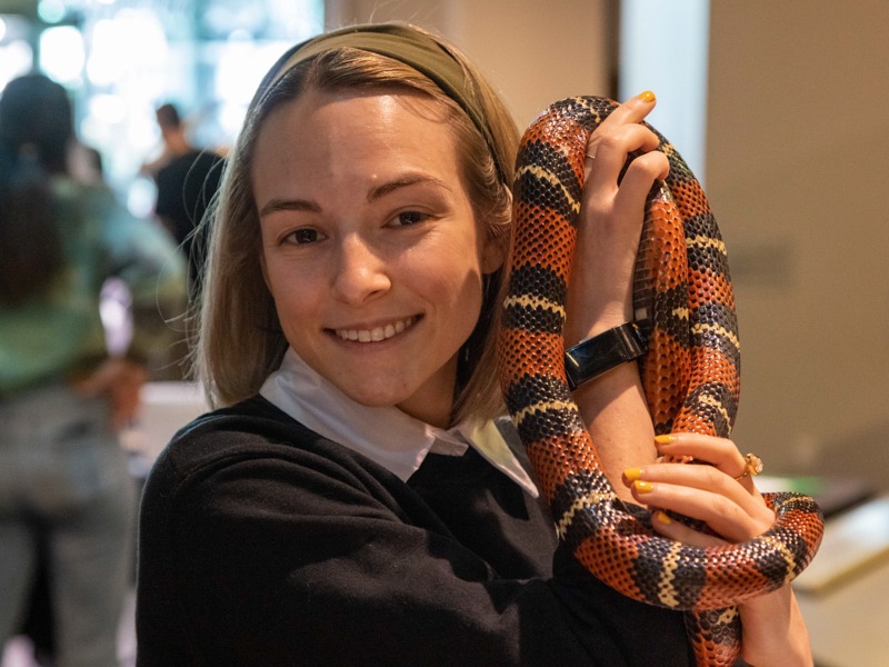 A young woman holds up a snake at Darwin Day.