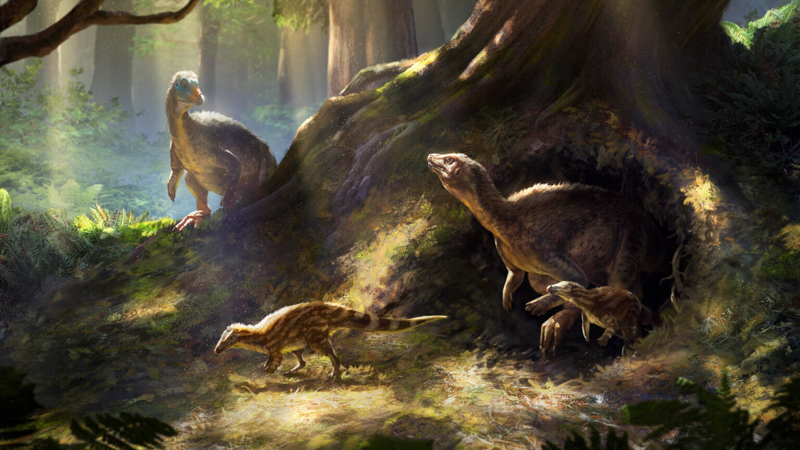 A family of thescelosaurs emerges from safety to forage in the forests of the Hell Creek Formation, 66 million years ago.