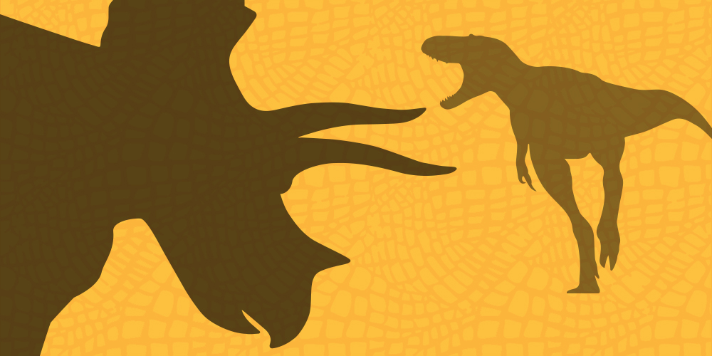 Dueling Dinosaurs silhouettes on orange background.