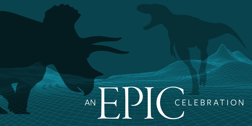 An Epic Celebration. A shadow of a tyrannosaur and a Triceratops appear on top of a line illustration of a landscape with peaks and valleys.