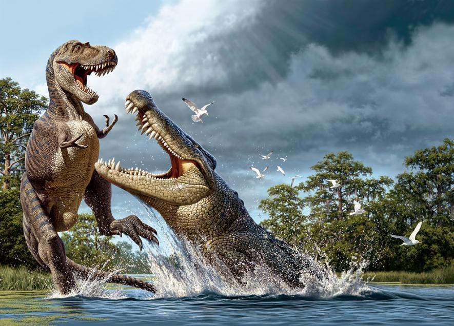 Illustration of a prehistoric crocodile, Deinosuchus, jumping from the water to attack a theropod.