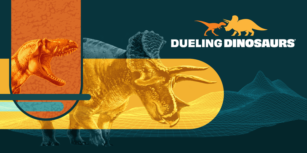 Dueling Dinosaurs: illustrations of the tyrannosaur and Triceratops on an orange, yellow and teal background.