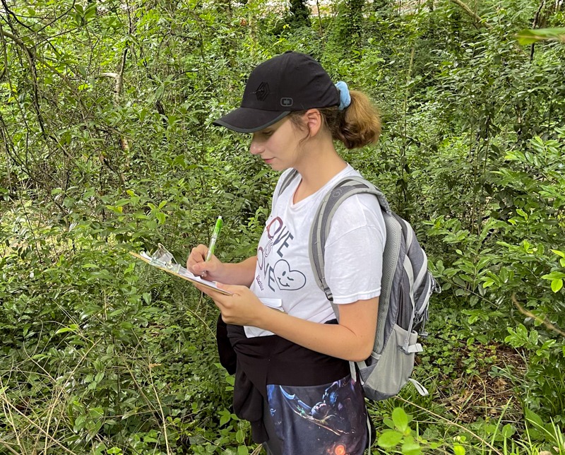 Lauren Willhite making notes amidst plants in a riparian environment.