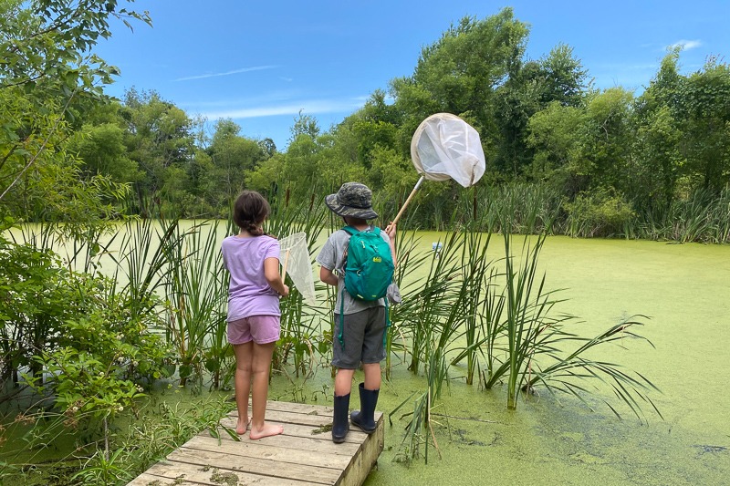 Two children with nets look out over the pond at Prairie Ridge.