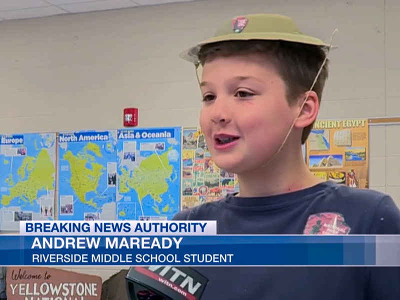 Screenshot of WITN interview with a sixth-grade student at Riverside Middle School about his teacher's lesson on Yellowstone, inspired by a trip with the Museum.