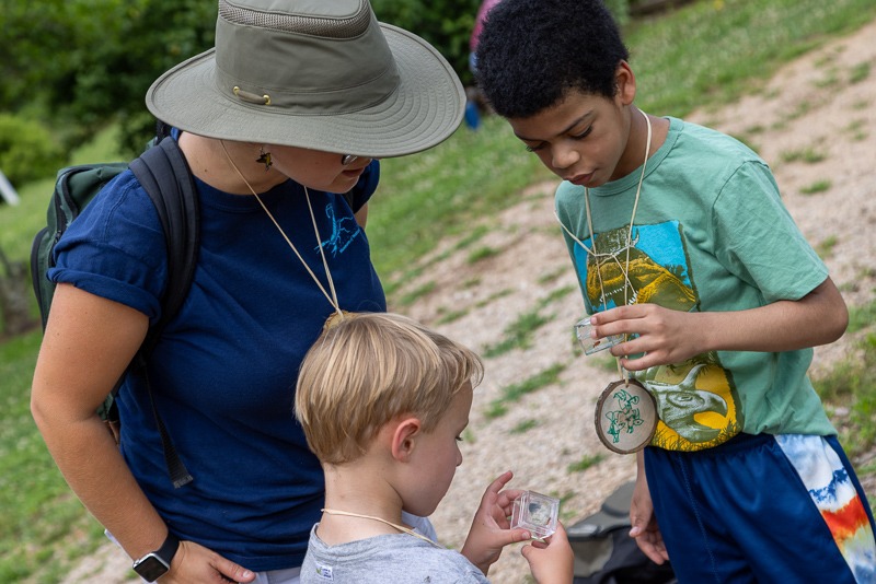 Two children show the insects they have caught to a Museum educator.