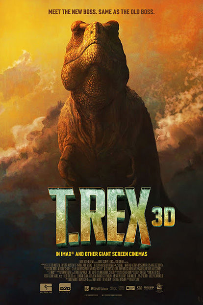 T. Rex 3D: a Tyrannosaurus rex stares forward as it approaches, with dramatic orange clouds in the background.