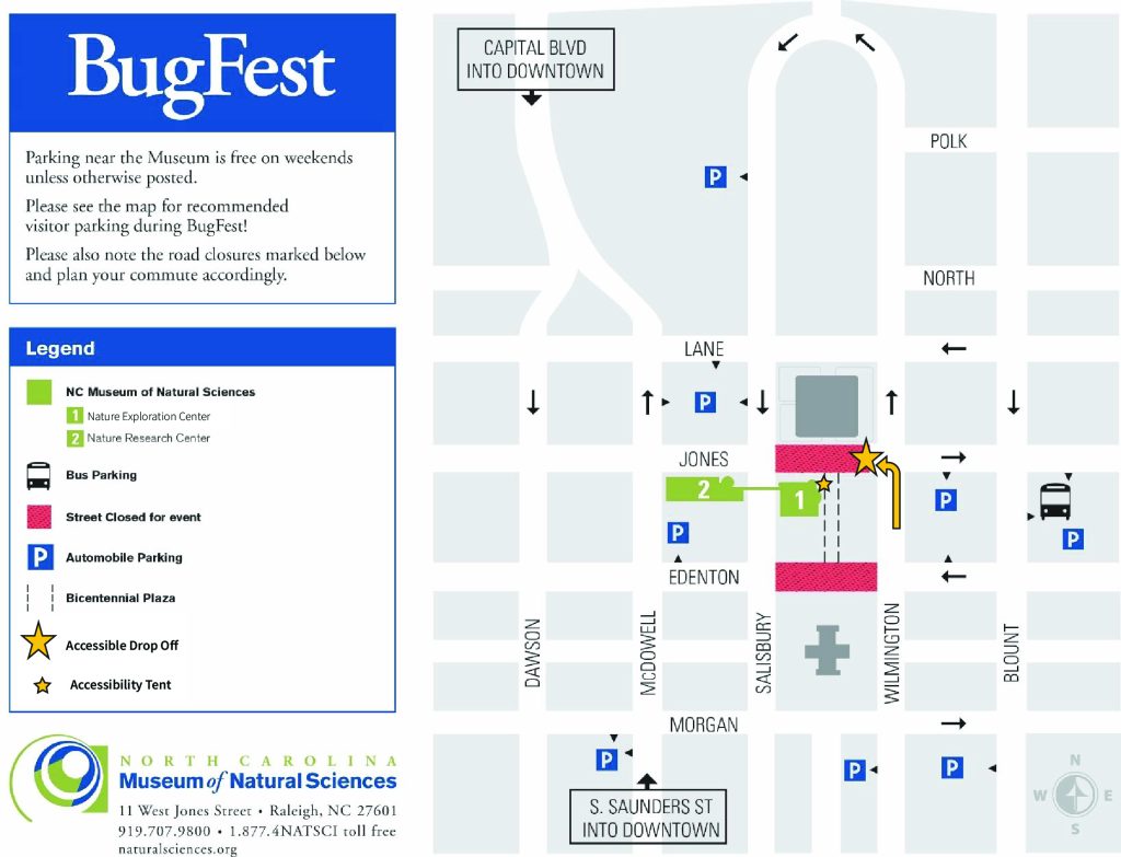 The image features an illustrated map of a section of downtown Raleigh with highlighted parking areas. The main intention of this map is to highlight the location of the accessible drop off area (large yellow star and arrow) and the accessibility tent (small yellow star).