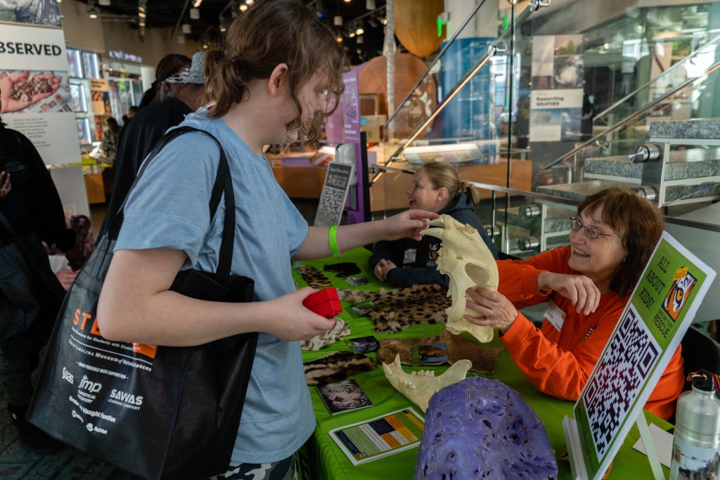 A teenager examines the fangs of an animal skull while speaking with representatives of the Carolina Tiger Rescue at the 2022 STEAM Career Showcase for Students with Disabilities.