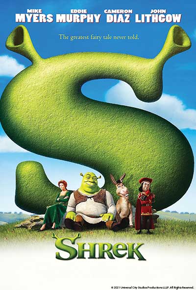 Movie poster for "Shrek" features characters sitting in front of a giant green "S". The background is a blue sky with white clouds.