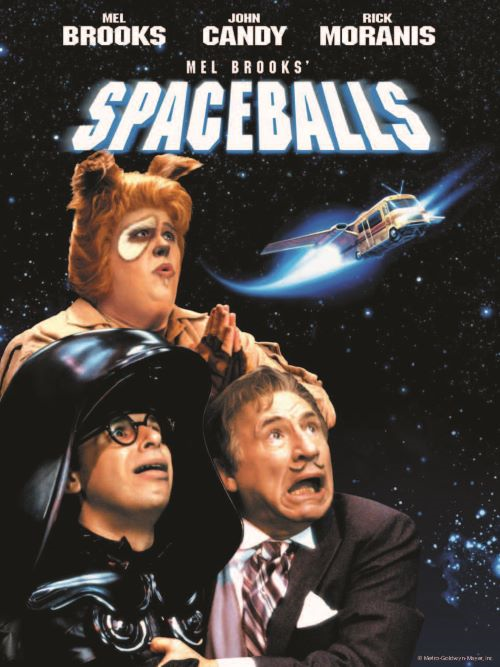 Movie poster of "Spaceballs" with characters looking toward the upper right of the image. A spaceship is flying in the background.