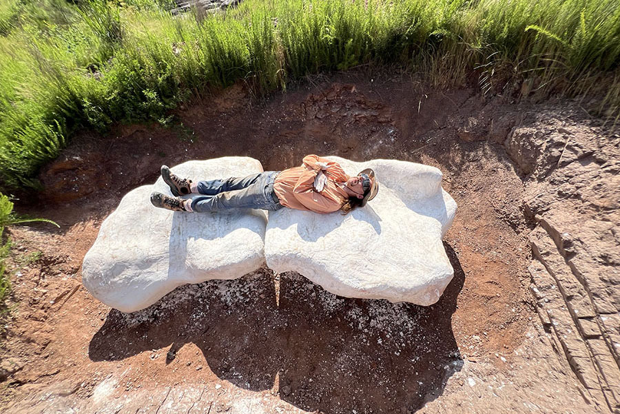 Dr. Christian Kammerer lies on top of a white fossil jacket surrounded by dirt and grass.