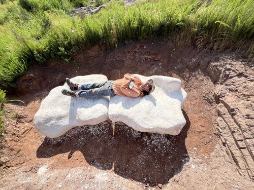 Dr. Christian Kammerer lies on top of a white fossil jacket surrounded by dirt and grass.