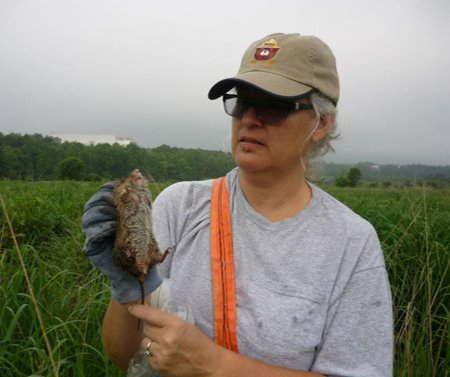 Caucasian woman is wearing a beige ballcap and a heathered gray t-shirt. A neon strap from a bag crosses from her right shoulder diagonally across her body. She is wearing glasses. She is holding a rodent by the scruff that is about the length of an adult hand.
