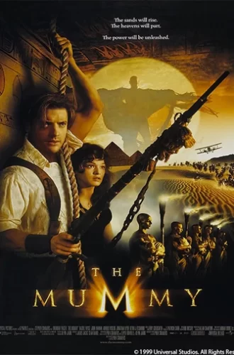 Movie poster for "The Mummy" 1999 film. Actors are featured in the foreground with dramatic Egyptian scenes in the background.