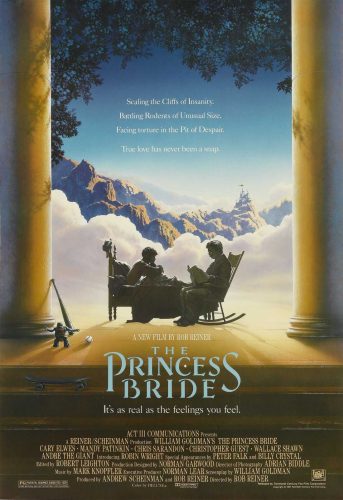 Movie poster for "The Princess Bride" Two figures are sitting in the center of the poster. They are silhouetted in front of a fairytale mountain scene.