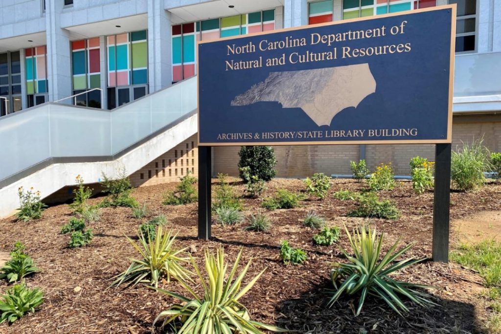 view of the sign for the Archives, History, and Library building in Raleigh
