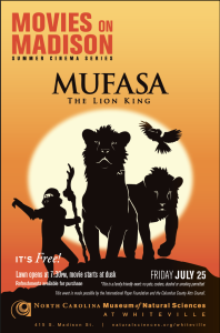 event advertisement for the movie Mufasa featuring silhouetted animals in front of a setting sun