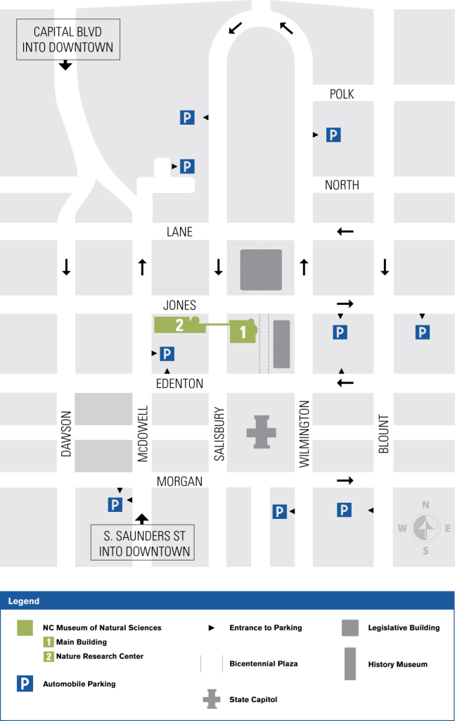 a map showing the museum's location in downtown Raleigh highlighting visitor parking locations