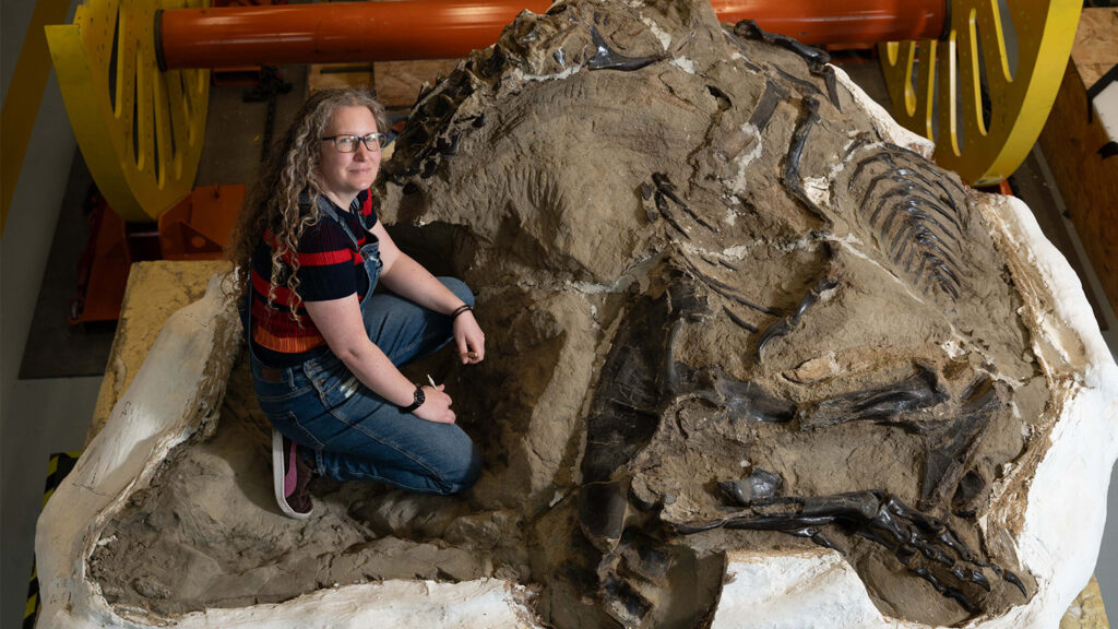 A woman shits within a large dinosaur fossil.
