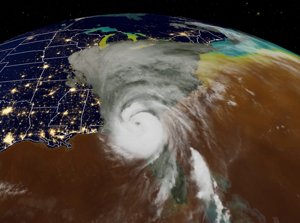 Image depicting satellite data showing a hurricane off the Gulf coast of the US with city lights as would be seen from space