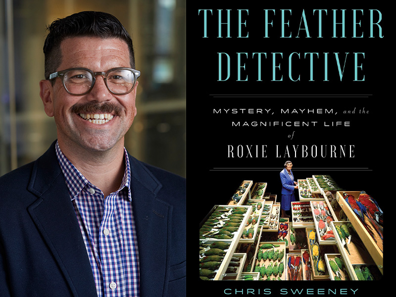 marketing image that showcases a portrait of author Chris Sweeney on the left and the cover of his book The Feather Detective on the right
