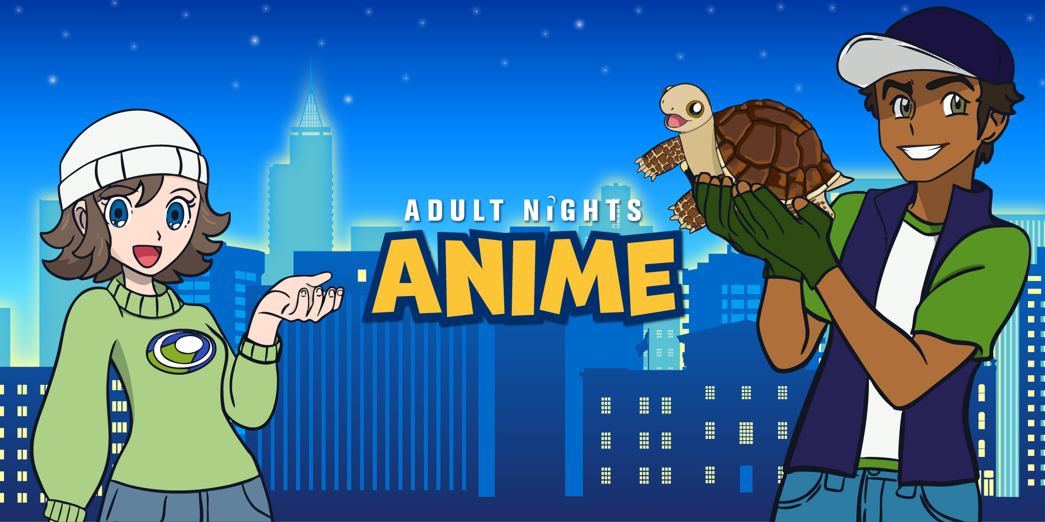 A graphic for an anime themed 21+ event, with two characters and a turtle.