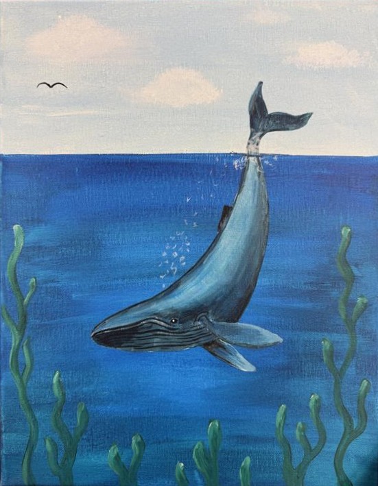 Painting of a blue whale with tail sticking out of the water.