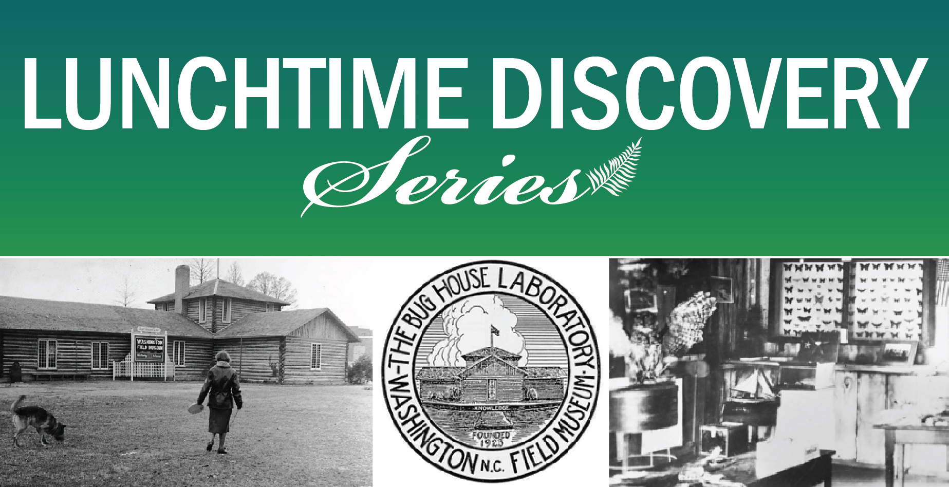 graphic with text "Lunchtime Discovery Series" title on top with three photos below. One is a black and white photo of a person and dog outside of a large log cabin building, a logo with circular text that reads "The Bug House Laboratory Washington NC Field Museum" with an illustration of a log cabin building, and a black and white photo of inside a room full of pinned insects, taxidermy birds, and tables with animal exhibits