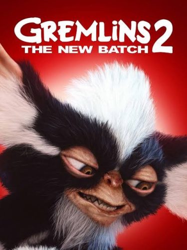 Movie poster reads "Gremlins 2 The New Batch" in white letters over a red background. A furry creatures takes up the majority of the poster. He is black with a white mohawk and has large ears. He is giving a mischievous look toward the bottom right of the poster.