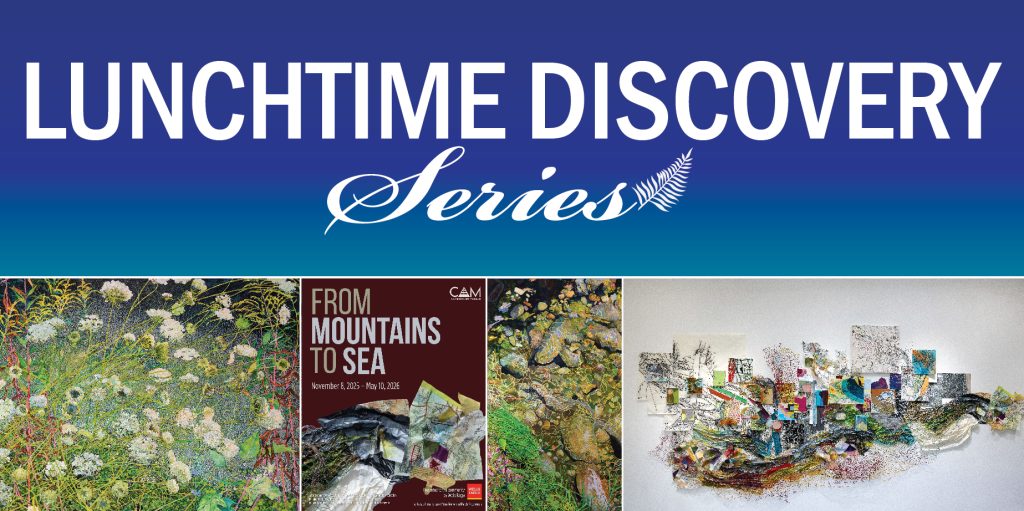 “Lunchtime Discovery Series” header with four visuals highlighting art and science themes, including textured abstract compositions inspired by landscapes and a poster for the exhibition “From Mountains to Sea.”