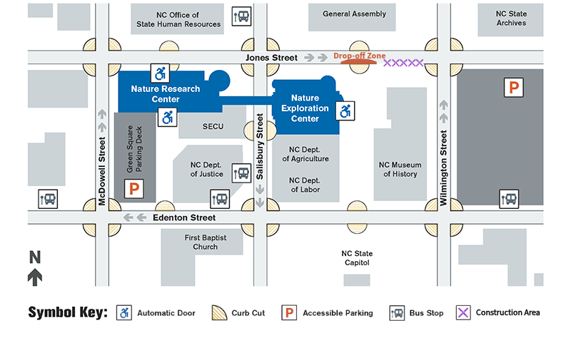 map displaying the location of the museum and accessible drop off locations and points of entry for Astronomy Days 2026