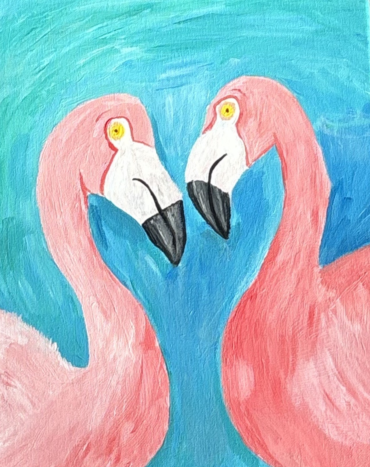 Painting of 2 pink flamingos facing each other on a blue background.