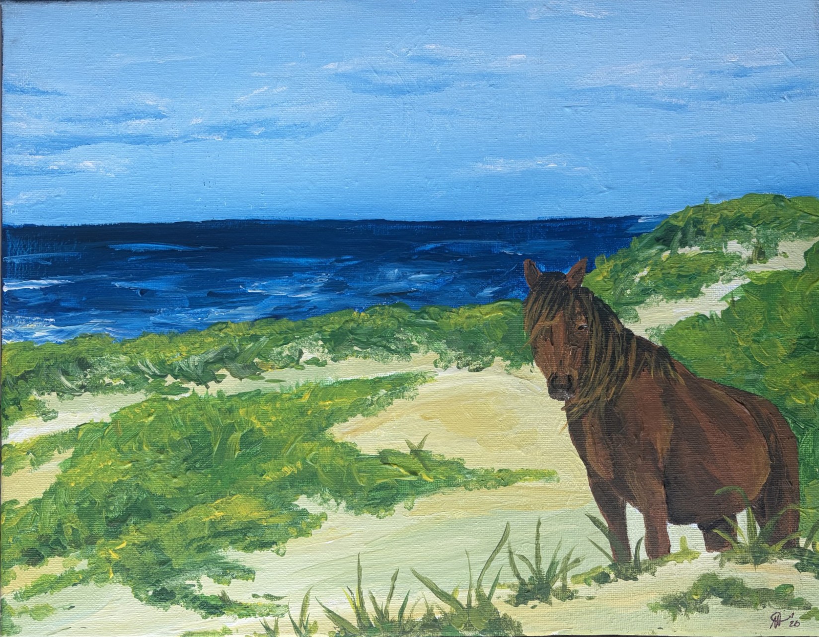 Painting featuring a light blue skyline, dark blue ocean, and cream colored beach with green vegetation. A brown and black hors stands on the beach to the right of the painting.