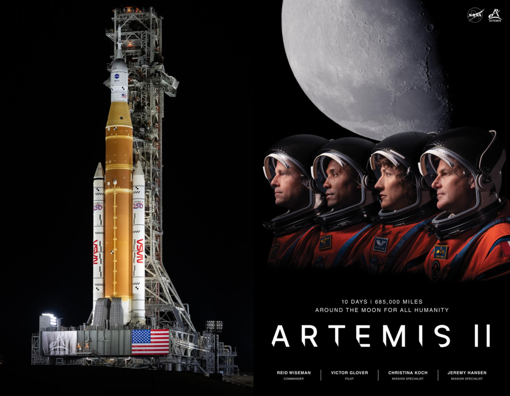 A graphic with images of NASA’s Space Launch System (SLS) rocket and Orion spacecraft, secured to the mobile launcher, are seen at Launch Pad 39B, Saturday, Jan. 17, 2026, at NASA’s Kennedy Space Center in Florida. Next to that is Artemis II Crew Poster with images of four astronauts looking left in orange spacecuits and helmets with a large full moon in the background. Photo Credit: (NASA/Joel Kowsky)