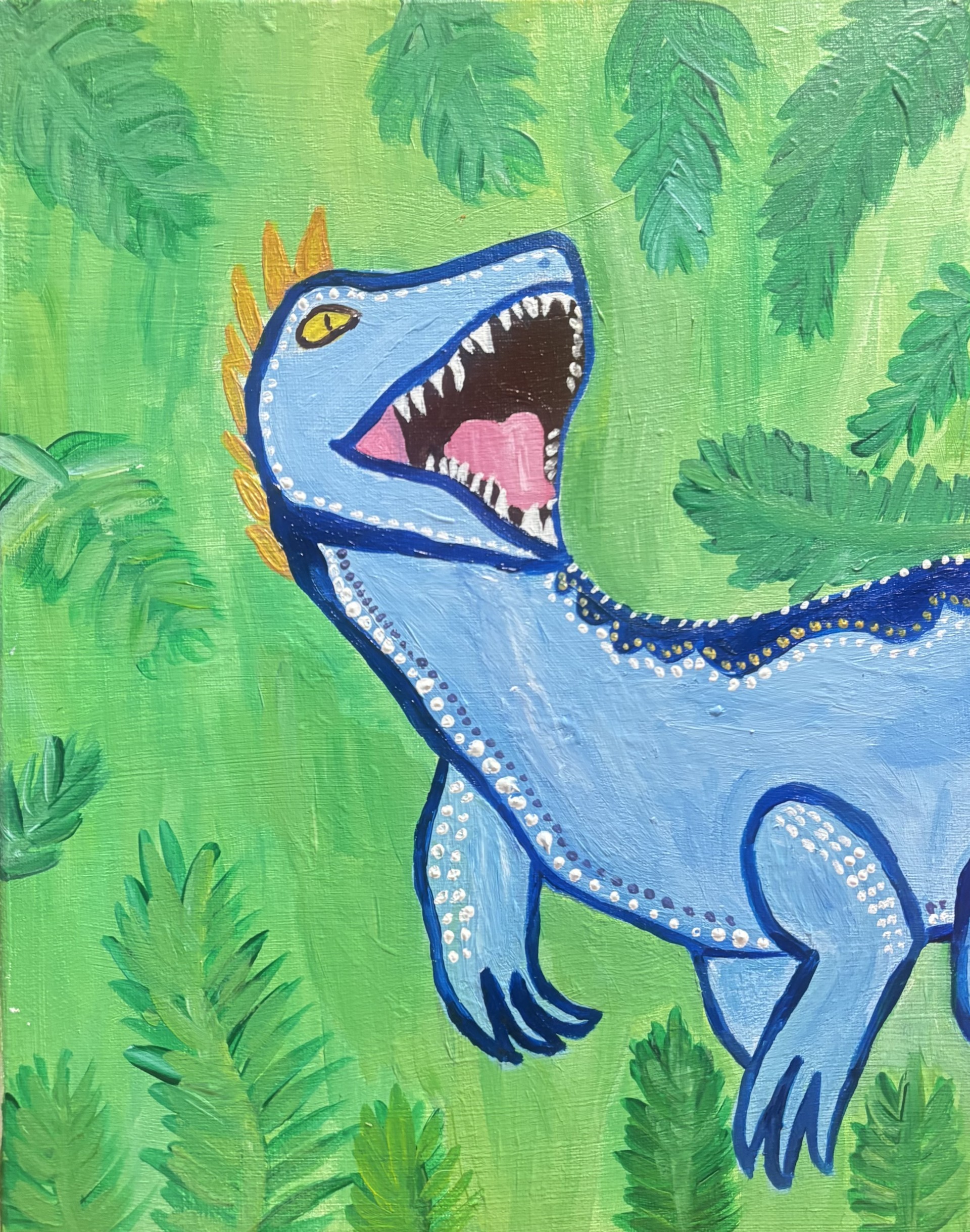 Painting of blue dinosaur on a green background.