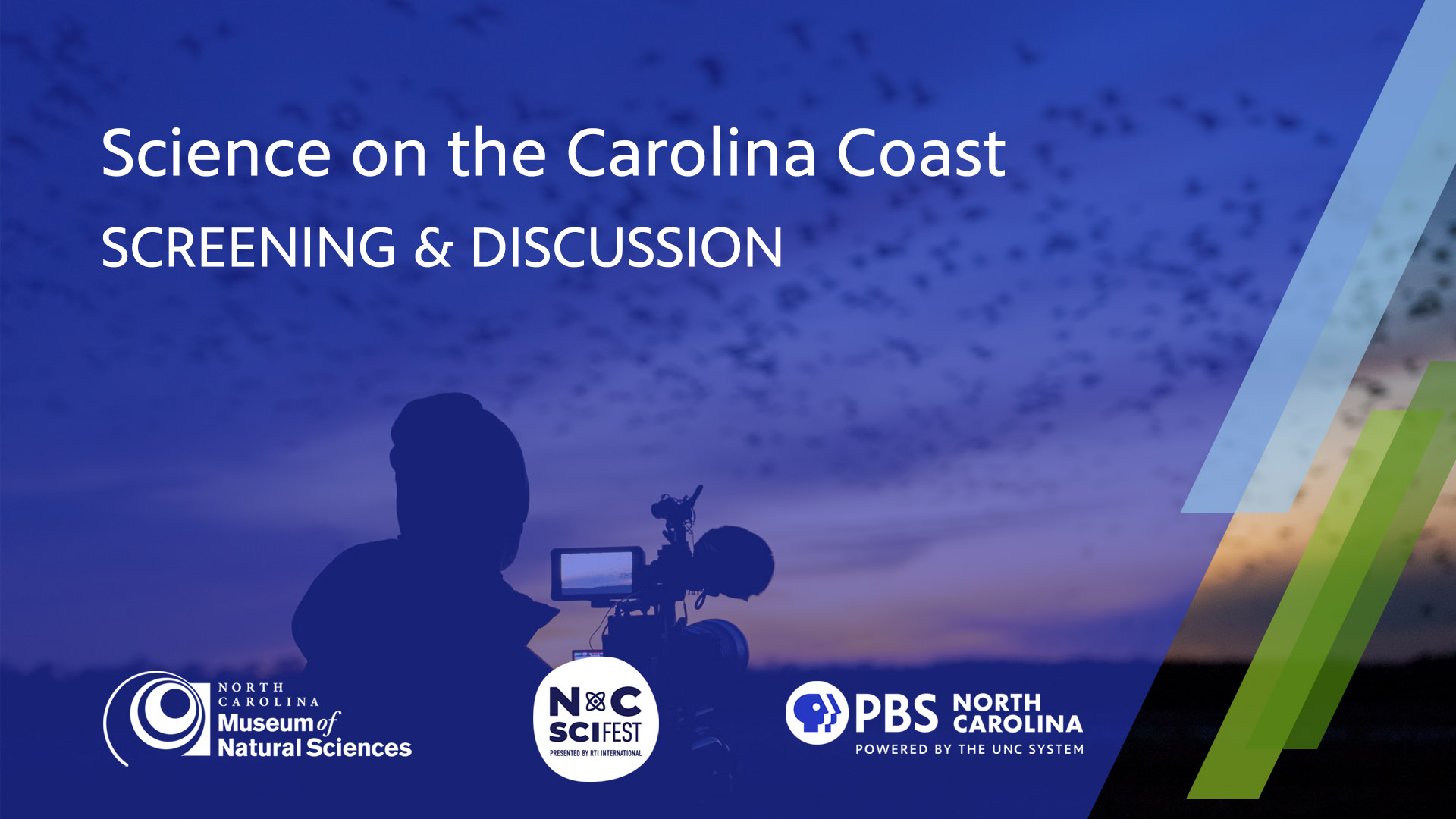 Promotional graphic for “Science on the Carolina Coast: Screening & Discussion,” featuring a sunset scene with a silhouetted camera operator filming birds in flight, alongside logos for the North Carolina Museum of Natural Sciences, NC SciFest, and PBS North Carolina.