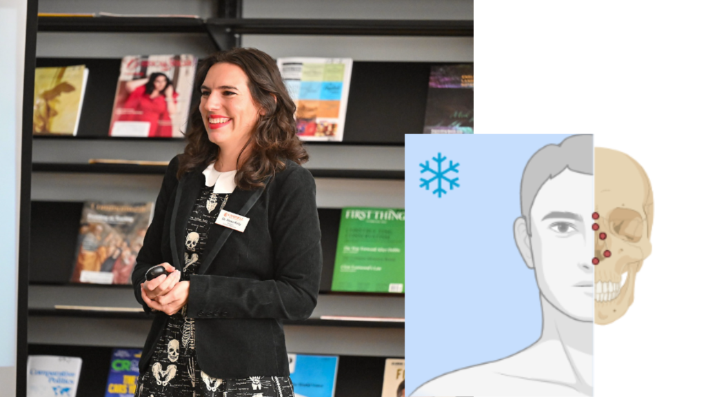 A photo of Dr. Alexa Kelly delivering a presentation in front of library shelves next to a graphic showing a human face with half of it showing the human skull with red dots marking aspects of the nose