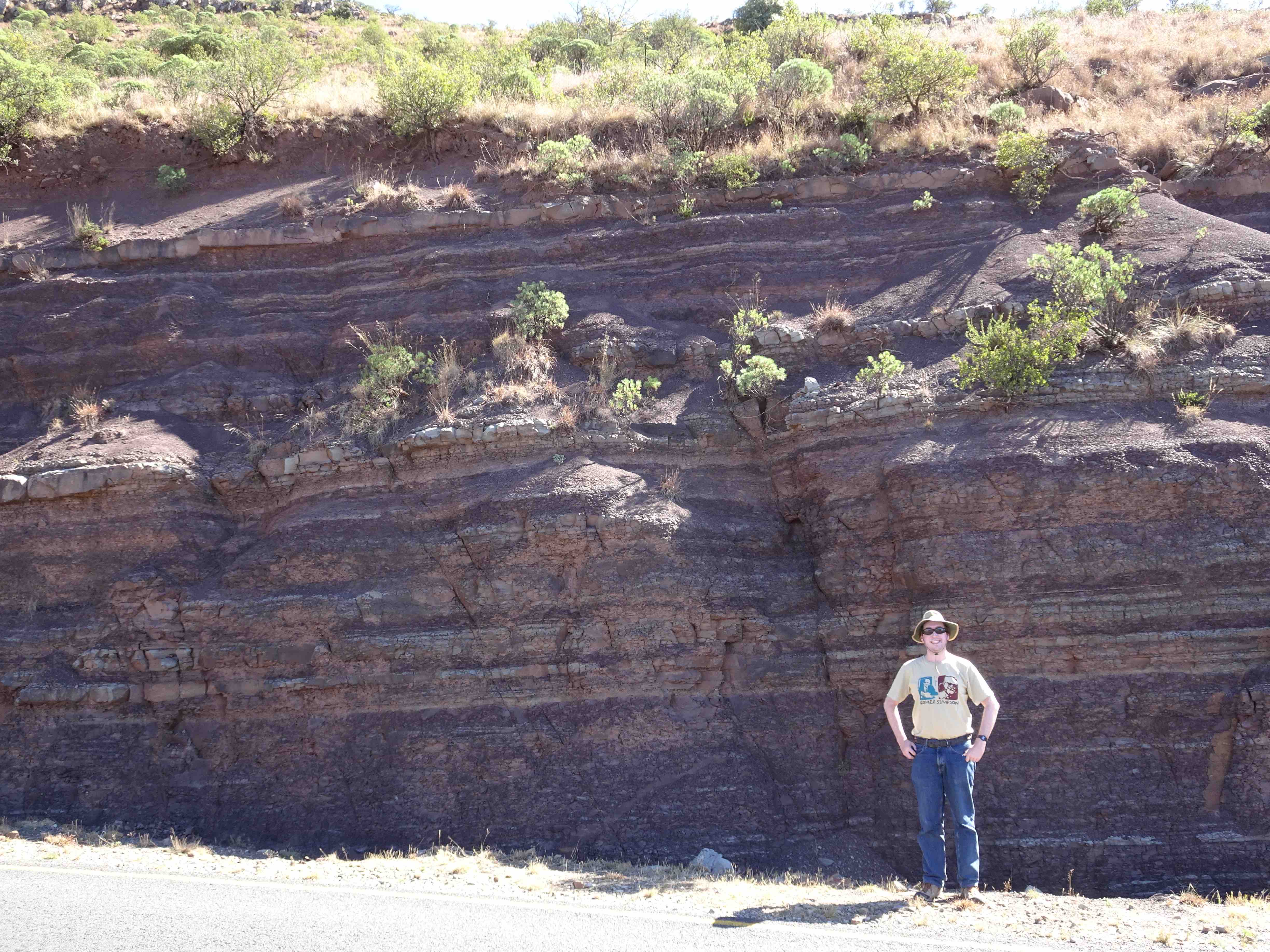 Dr. Kammerer standing next to rocks from the Triassic-Jurassic succession in South Africa.