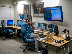 Dr. Smith in the Keck II control room at Keck Headquarters in Waimea, Hawaii, during a recent observing run.